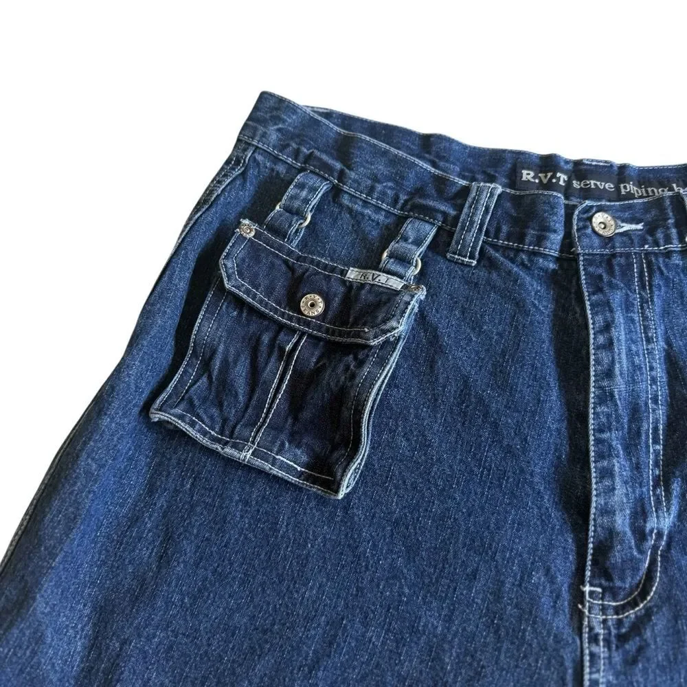 Vintage RVT Serve Piping Hot Denim Shorts Attached Denim Bag Blue Sz 20
